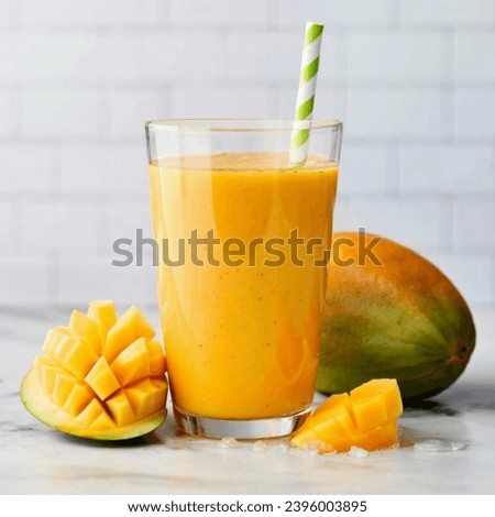 Glass of tasty mango smoothie on table.