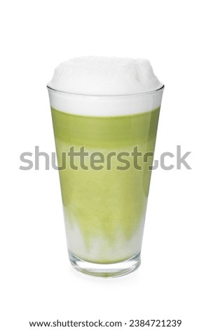 Glass of tasty matcha latte isolated on white