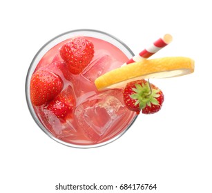 Glass Of Tasty Strawberry Lemonade On White Background