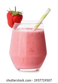 Glass Of Tasty Strawberry Smoothie On White Background