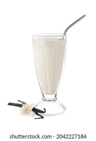 Glass With Tasty Vanilla Milkshake On White Background