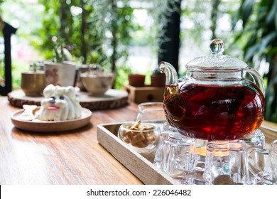 Glass Tea Pot Set And Dog Shape Cake