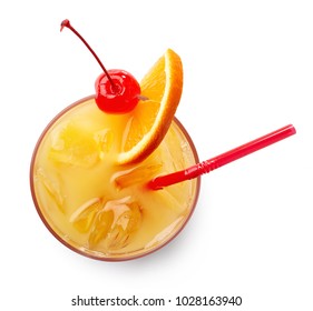 Glass Of Tequila Sunrise Cocktail Isolated On White Background. Top View