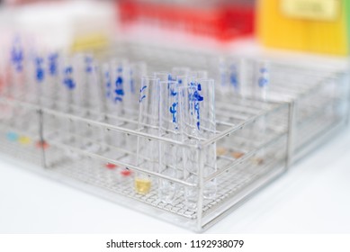 Glass Test Tubes And Reagent In The Metal Rack For Cross Matching Blood For Emergency Patient Case At Blood Bank Unit Laboratory. 