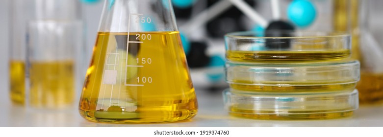 Glass test tubes with yellow viscous liquid stand on table in chemical laboratory closeup. Checking the quality of petroleum products refining concept.