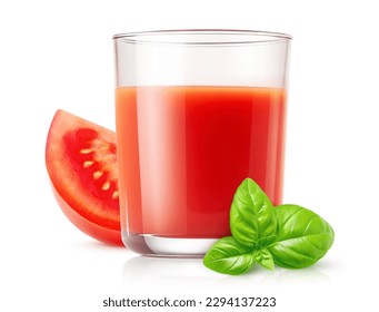 Glass of tomato juice and slice of tomato, isolated on white