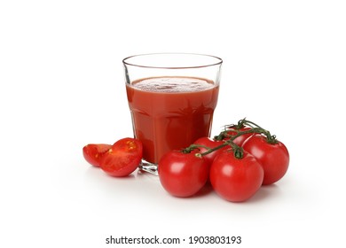 Glass of tomato juice and tomatoes isolated on white background