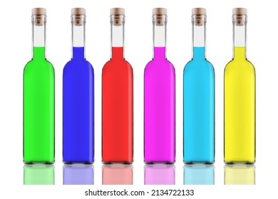 Glass Transparent Bottle With Colored Liquid On A White Background Insulated
