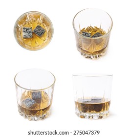Glass tumbler filled with bourbon whiskey and granite cooling stones isolated over the white background, set of four different foreshortenings