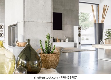 Glass vase and cactus in braided basket on floor of spacious living room with huge vase with bamboo sticks - Shutterstock ID 790431907