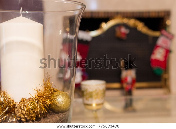 Glass Vase Large Candle Christmas Decorations Objects Stock Image