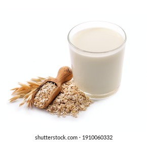 Glass Of Vegan Oat Milk On White Backgrounds. Healthy Food.