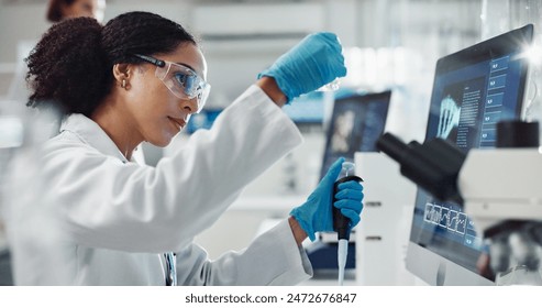 Glass vial, pipette and woman scientist in laboratory for medical study, research or experiment. Test tube, dropper and professional female person with chemical liquid for pharmaceutical innovation. - Powered by Shutterstock