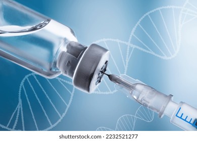 Glass vial and syringe with injection over blue background. Vaccination or beauty therapy concept. - Powered by Shutterstock