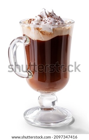 glass of Viennese coffee topped with whipped cream and chocolate chips close-up isolated on white background