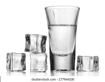 Glass Of Vodka With Ice Isolaled On White