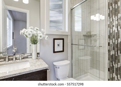 Glass Walk-in Shower With White Subway Tiled Surround Accented With Vertical Mosaic Tile Strip In New Luxury Home Bathroom. Northwest, USA