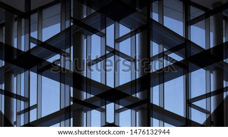 Glass wall with metal framework. Reworked photo of office building exterior or interior fragment. Windows as abstract modern architecture background with geometric structure with blue sky.