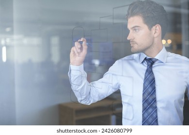 Glass wall, mindmap and businessman with drawing for brainstorming, strategy and idea on mockup. Professional man, vision and thinking with flowchart for analysis, problem solving and planning - Powered by Shutterstock