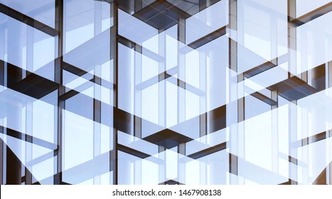Glass walls with metal framework. Double exposure photo of office building exterior or interior fragment. Abstract modern architecture background with geometric structure of structural glazing.