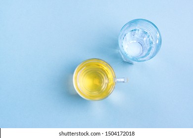 Glass Of Water, Cup Of Tea On Blue Table Top View Flat Lay Style Life Beverages, Lose Weight Concept