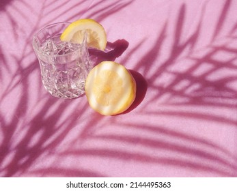 A glass of water with cut lemon on sunny background with palmtree shadow. Minimalist summer refreshment.
