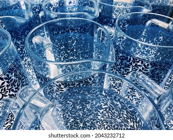 Glass Water Decanters With A Blue Floral Pattern, Top View