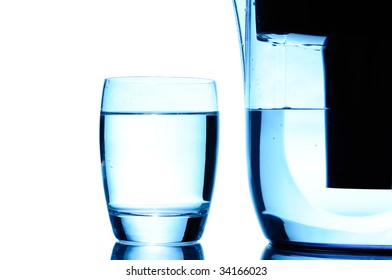 Glass Of Water And Filtration Pitcher Isolated On White Background. Abstract Composition.