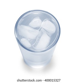 Glass Of Water With Ice Blocks Isolated On White Background, Top View