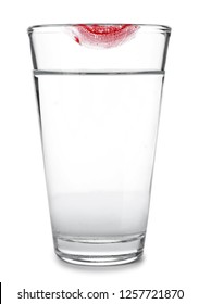 Glass Of Water With Lipstick Mark On White Background