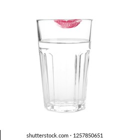 Glass Of Water With Lipstick Mark On White Background