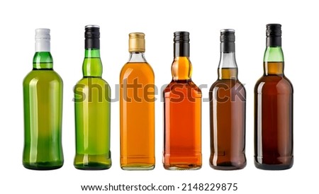 Glass whiskey bottles with screw white cap isolated on white 