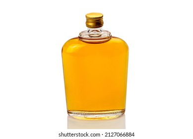 Glass Whiskey Hip Flask, Or Whisky Or Bourbon,  Closeup Isolated On White, Clipping Path