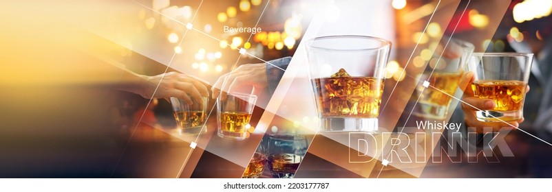 Glass Of Whiskey With Ice Cubes, Cheers Clinking Of Friends With Bourbon Whisky Drinks In Party Night After Work, Alcohol Drink Beverage.