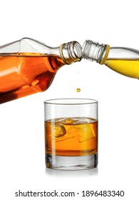 Glass Of Whiskey With Ice Cubes With Two Bottles, Blending Whiskey Concept