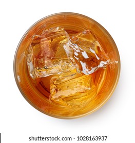 Glass Of Whiskey With Ice Isolated On White Background. Top View