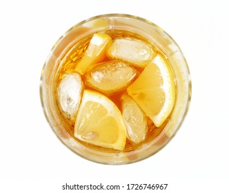 Glass Of Whiskey With Ice And Lemon, White Background, Top View