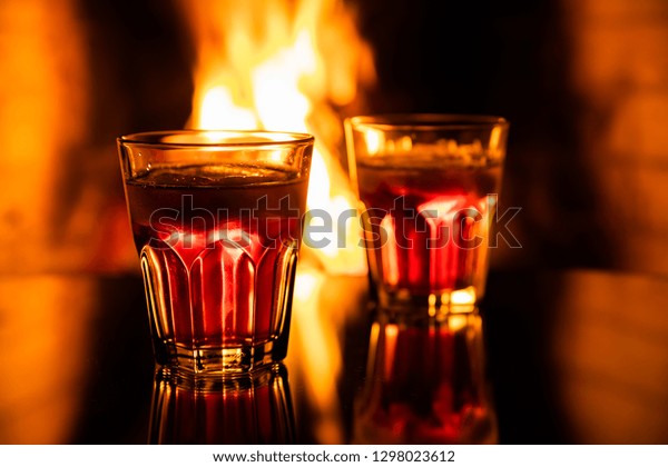 Glass Whiskey Ice Near Fireplace Stock Photo Edit Now 1298023612