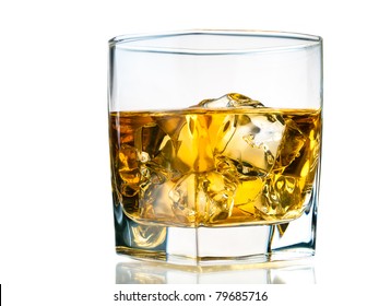 Glass Of Whiskey On The Rocks, Isolated On White