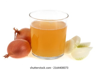 Glass Of White Onion Juice And Its Ingredients On White Background