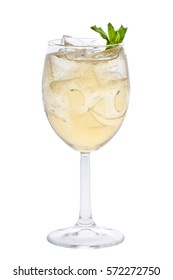 Glass Of White Sparkling Wine With Ice Cubes Mint