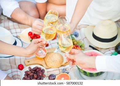 Glass Of White Wine On Picnic Table.  Dining People Concept.