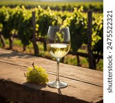 glass of white wine on table with green vineyard background