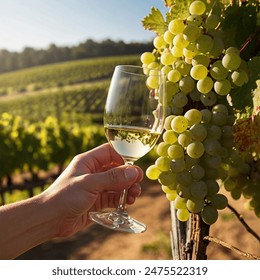 glass of white wine on table with green vineyard background - Powered by Shutterstock