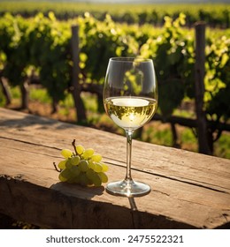 glass of white wine on table with green vineyard background - Powered by Shutterstock