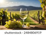 A glass of white wine sits on a rustic table with a bunch of green grapes, backdropped by a vineyard stretching into the distance, basking under the sun in a picturesque setting.