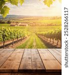 A glass of white wine sits on a rustic table with a bunch of green grapes, backdropped by a vineyard stretching into the distance, basking under the sun in a picturesque setting.