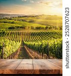 A glass of white wine sits on a rustic table with a bunch of green grapes, backdropped by a vineyard stretching into the distance, basking under the sun in a picturesque setting.