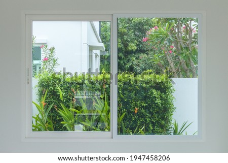 Glass window frame house interior on white wall