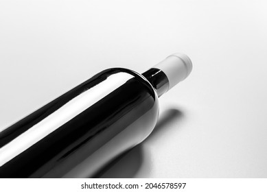 Glass Wine Bottle Mockup, Transparent, Black, Green, White Background, Front Packaging, Cork Sticker View, Top View, Front View, Close Up